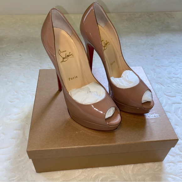 Christian Louboutin Nude Patent Leather Lady Peep Toe Platform Pumps - Picture 13 of 15